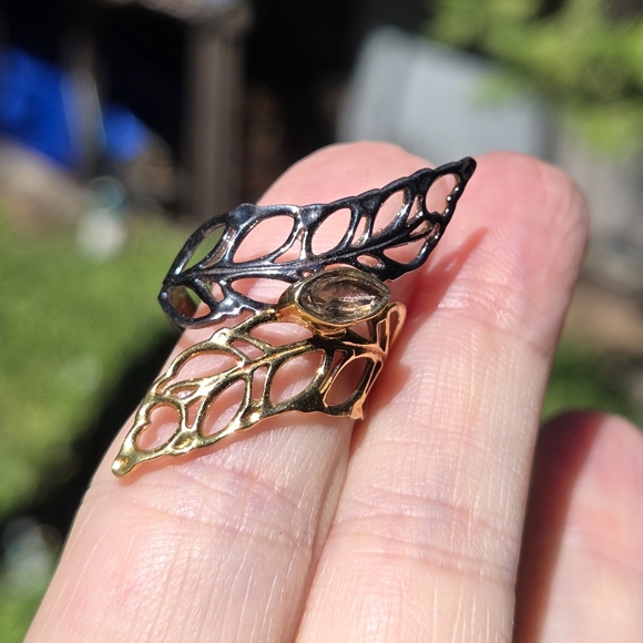 Herkimere diamond 🍃 🍂 leaf sterling rhodium & gold ring sz7.5 - Picture 7 of 7